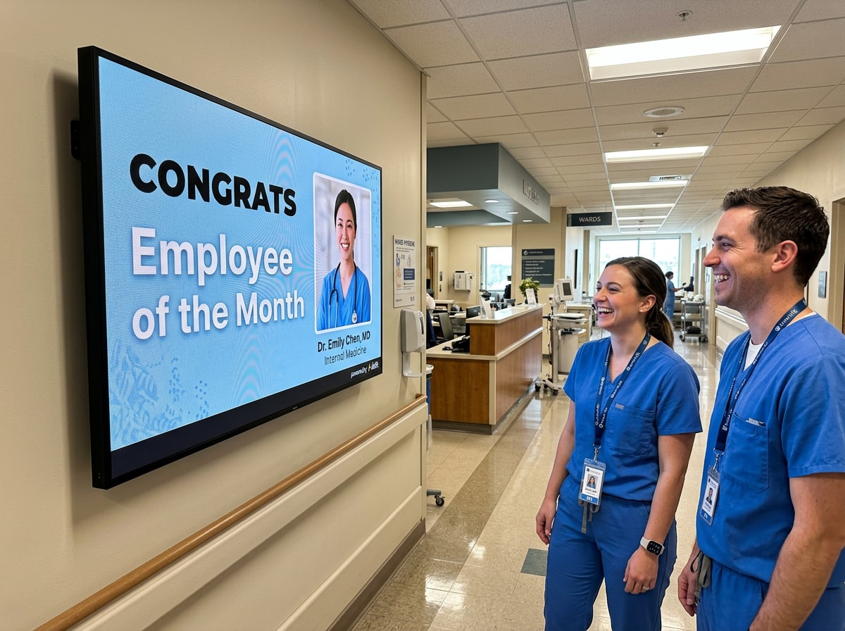 Two nurses stand proudly in front of a television screen displaying a congratulatory message.