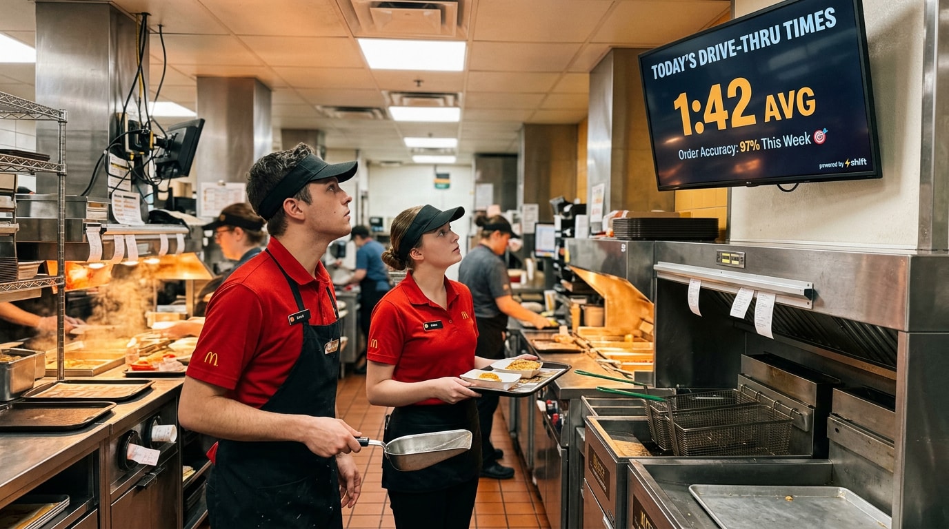 Two individuals work together in a restaurant kitchen, with a large television mounted on the wall in the background.