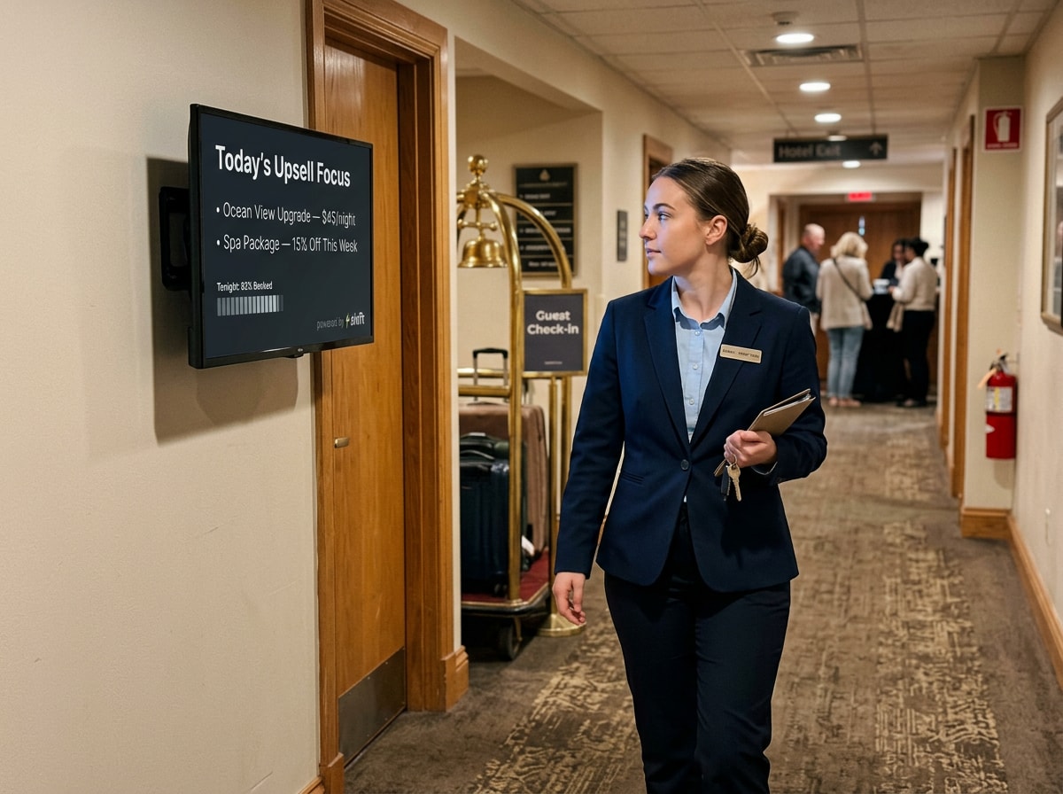 Hotel staff in a hallway checks a digital sign displaying today's upsell focus: ocean view upgrade and spa package offer