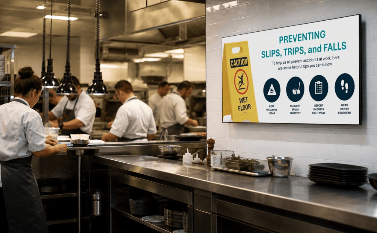 A chef in a busy kitchen reads a screen displaying tonight's special: pan-seared duck breast with cherry reduction.