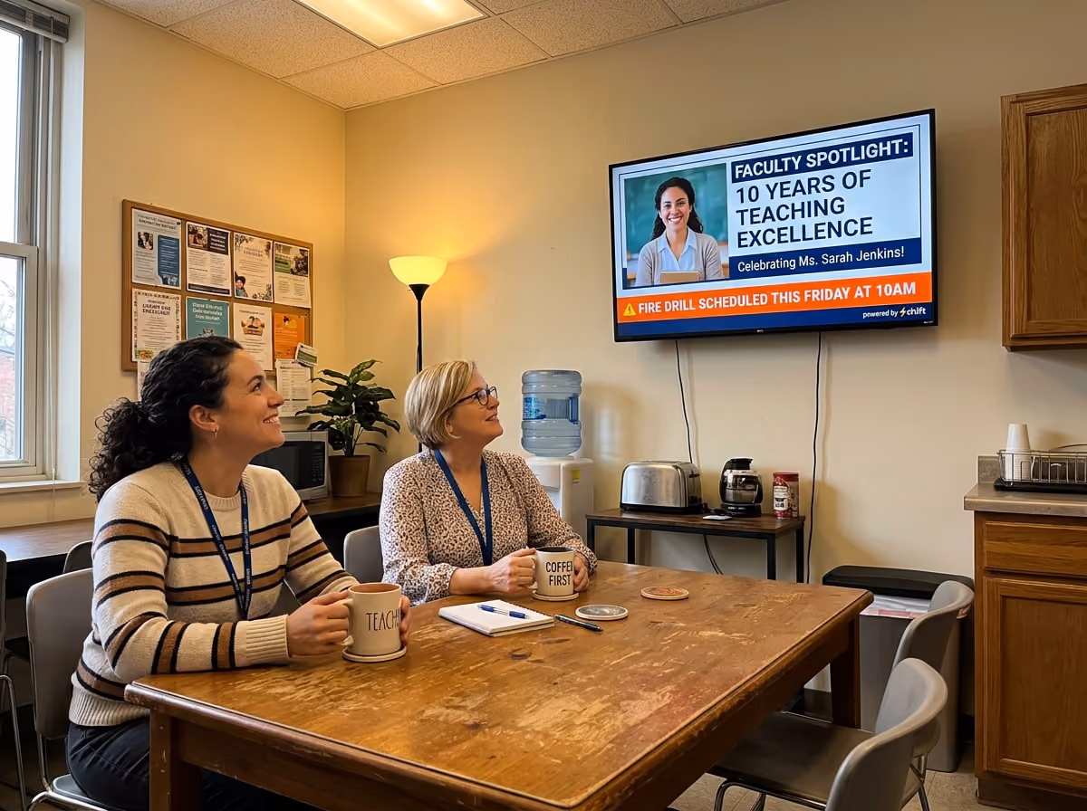 Two women in a break room watch a screen celebrating 10 years of teaching excellence, with a fire drill notice below.