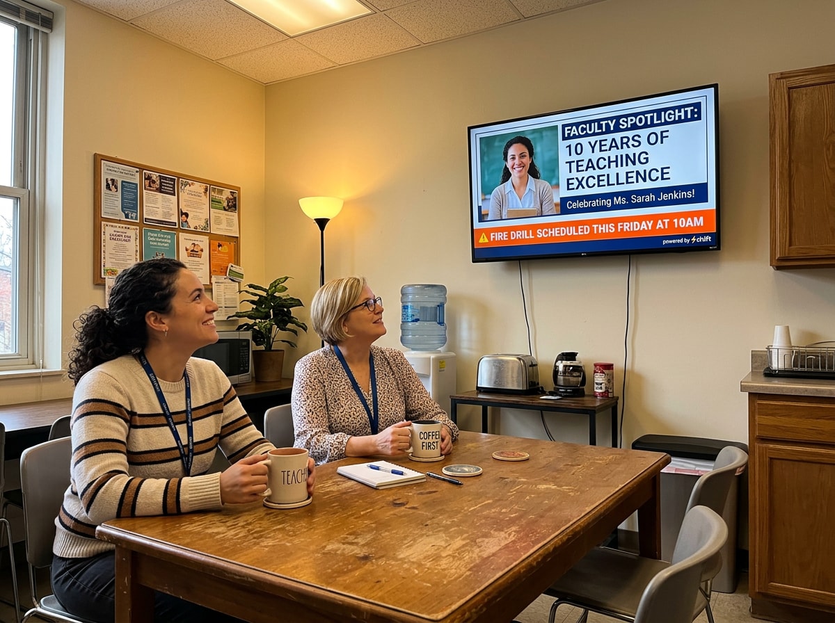 Two women in a break room watch a screen celebrating 10 years of teaching excellence, with a fire drill notice below.