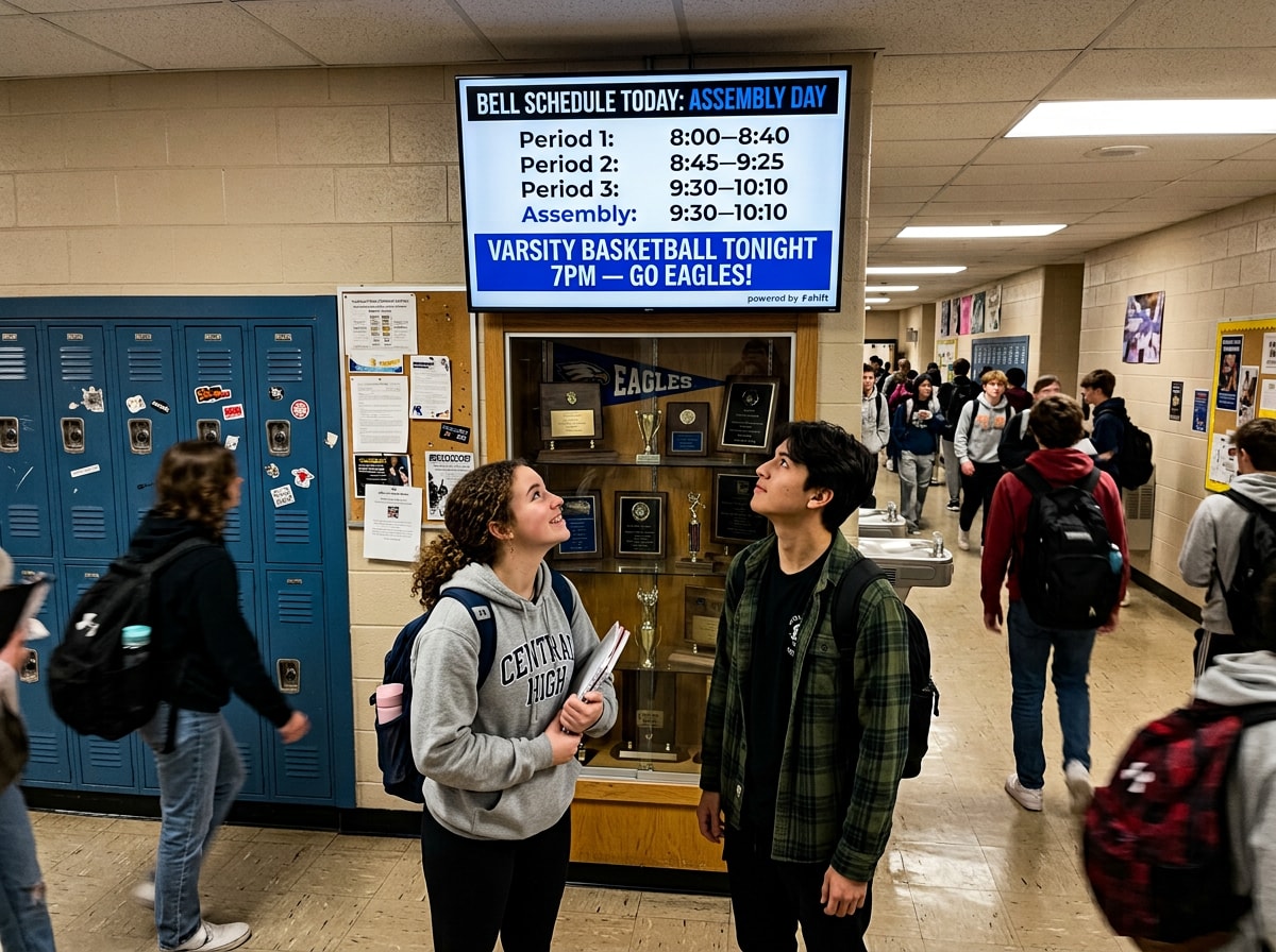 Students in a school hallway check the assembly day bell schedule on a screen. Varsity basketball game at 7 PM.