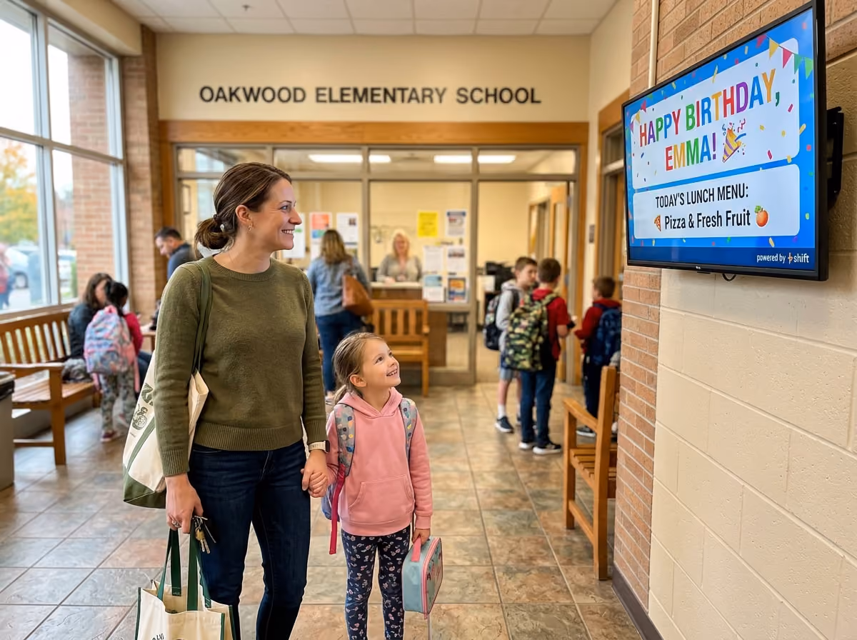 Mother and daughter smile at a "Happy Birthday, Emma!" sign at Oakwood Elementary School. Lunch menu: pizza and fresh fruit.