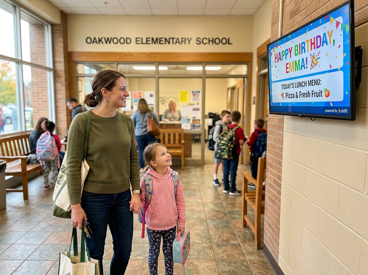 Mother and daughter smile at a "Happy Birthday, Emma!" sign at Oakwood Elementary School. Lunch menu: pizza and fresh fruit.