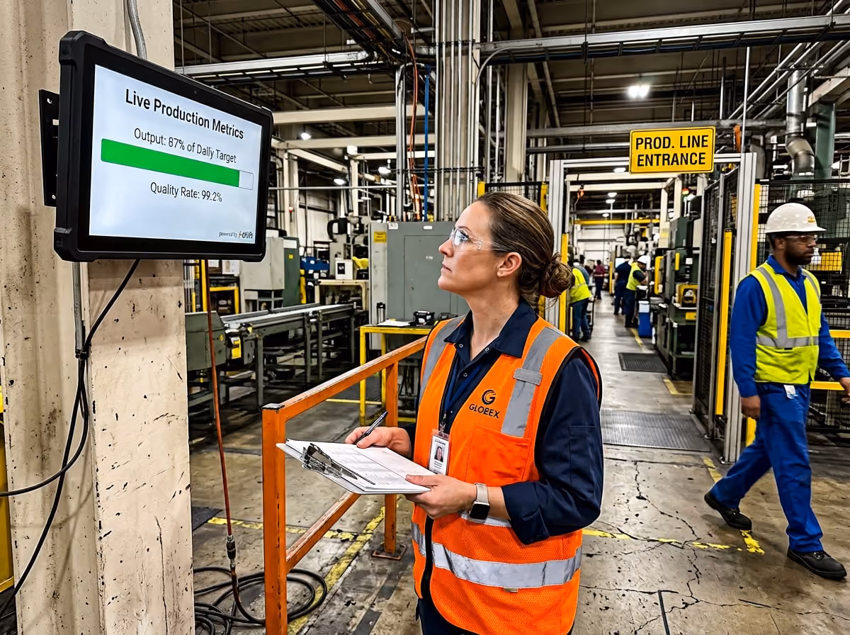 Factory worker reviews production metrics on screen, clipboard in hand, in a busy industrial setting with machinery and workers.