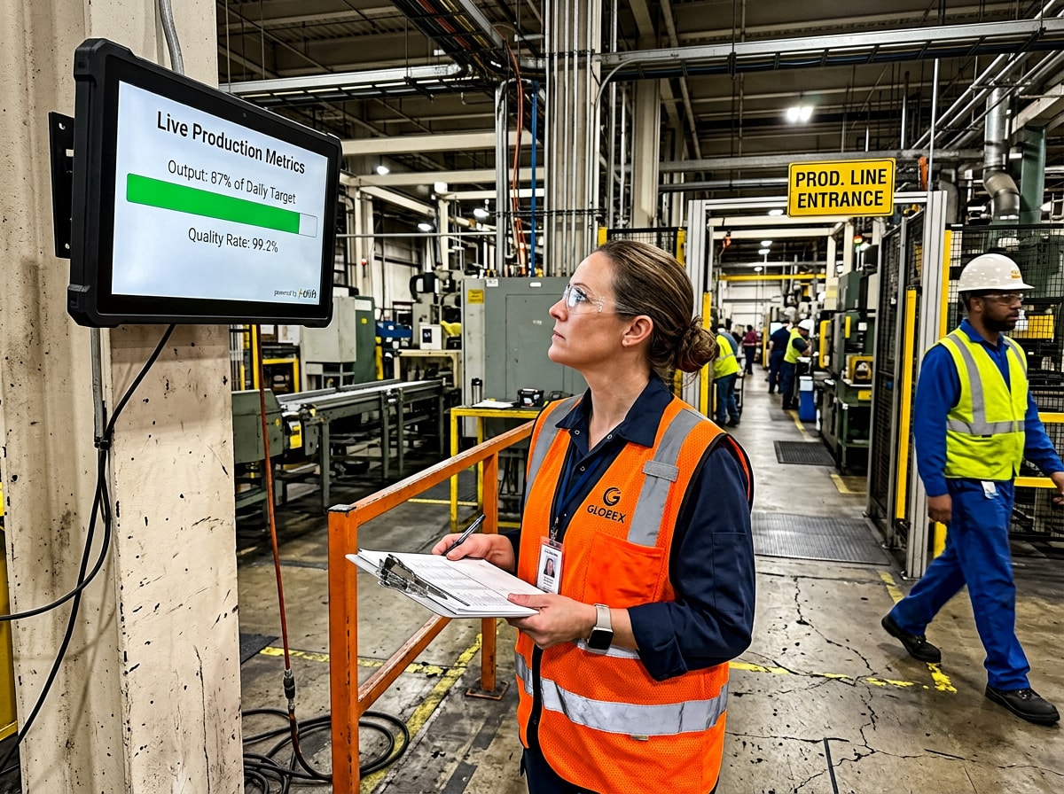 Factory worker reviews production metrics on screen, clipboard in hand, in a busy industrial setting with machinery and workers.