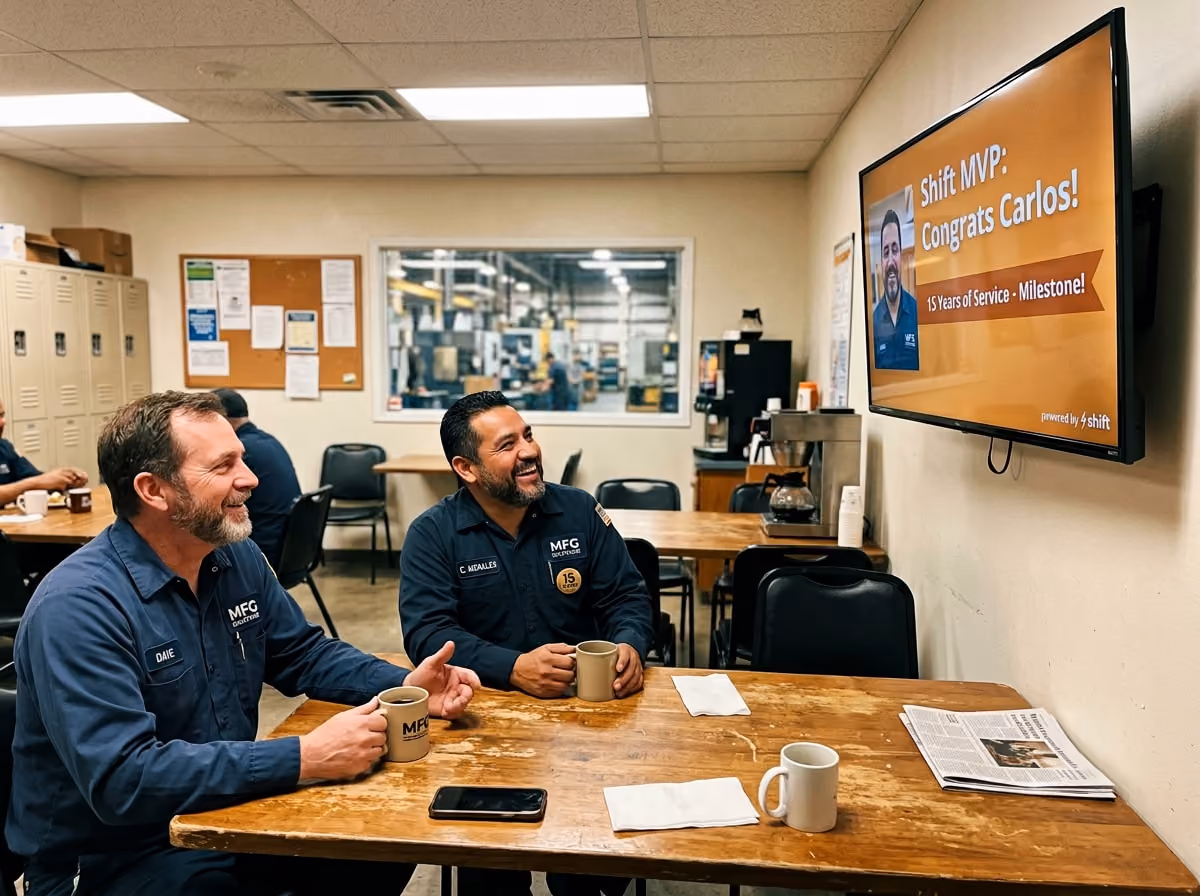 Two men in uniforms smile at a screen displaying "Shift MVP: Congrats Carlos! 15 Years of Service - Milestone!" in a break room.