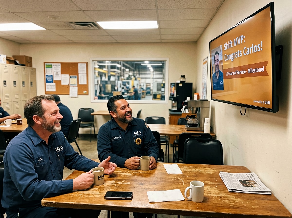 Two men in uniforms smile at a screen displaying "Shift MVP: Congrats Carlos! 15 Years of Service - Milestone!" in a break room.