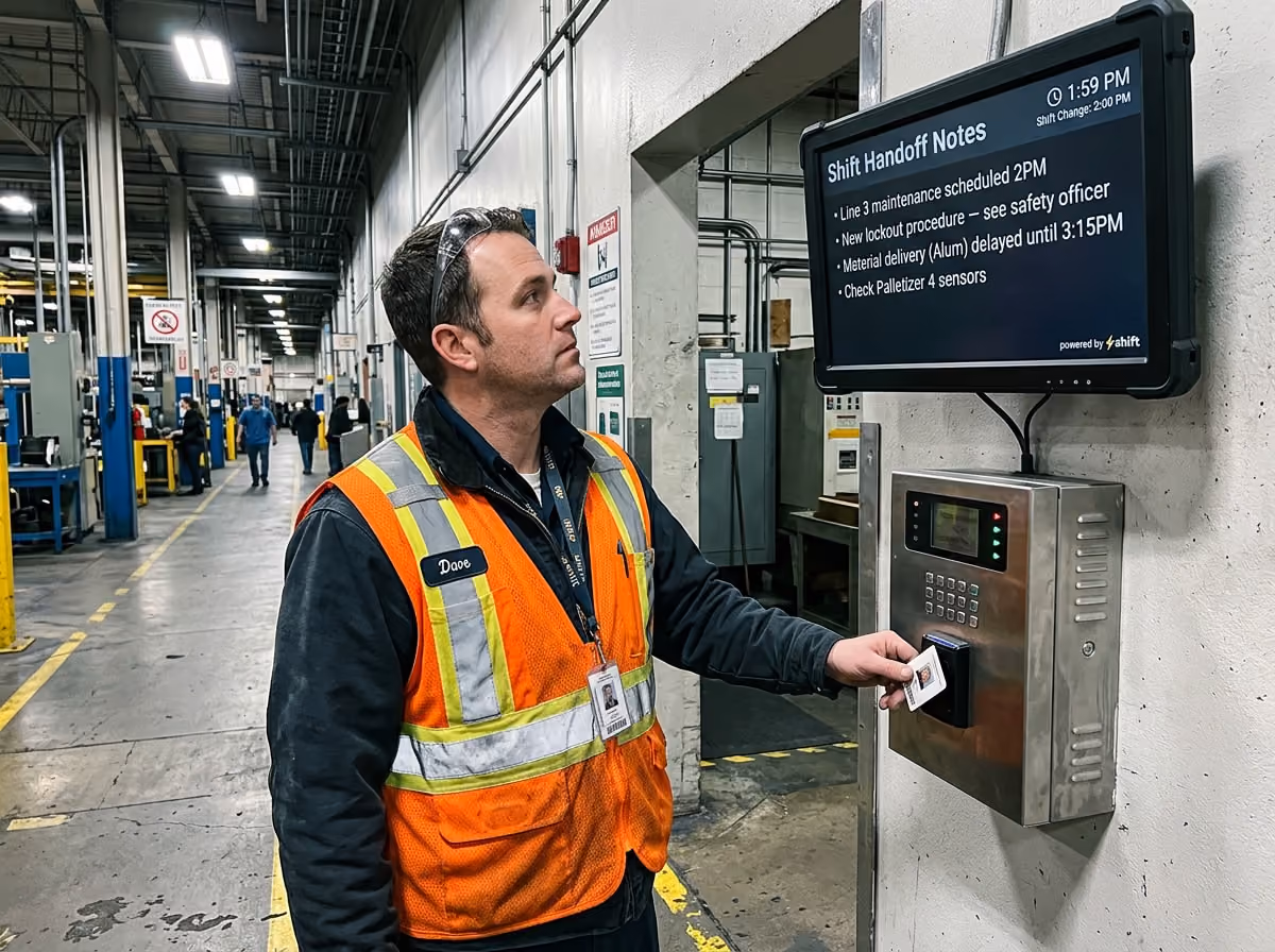 Worker in orange vest checks shift handoff notes on screen in industrial setting. Timecard in hand, ready for shift change.