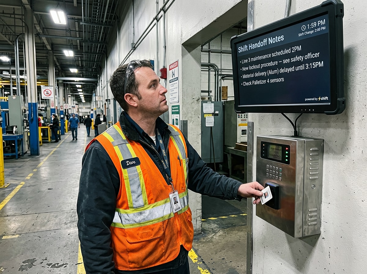 Worker in orange vest checks shift handoff notes on screen in industrial setting. Timecard in hand, ready for shift change.