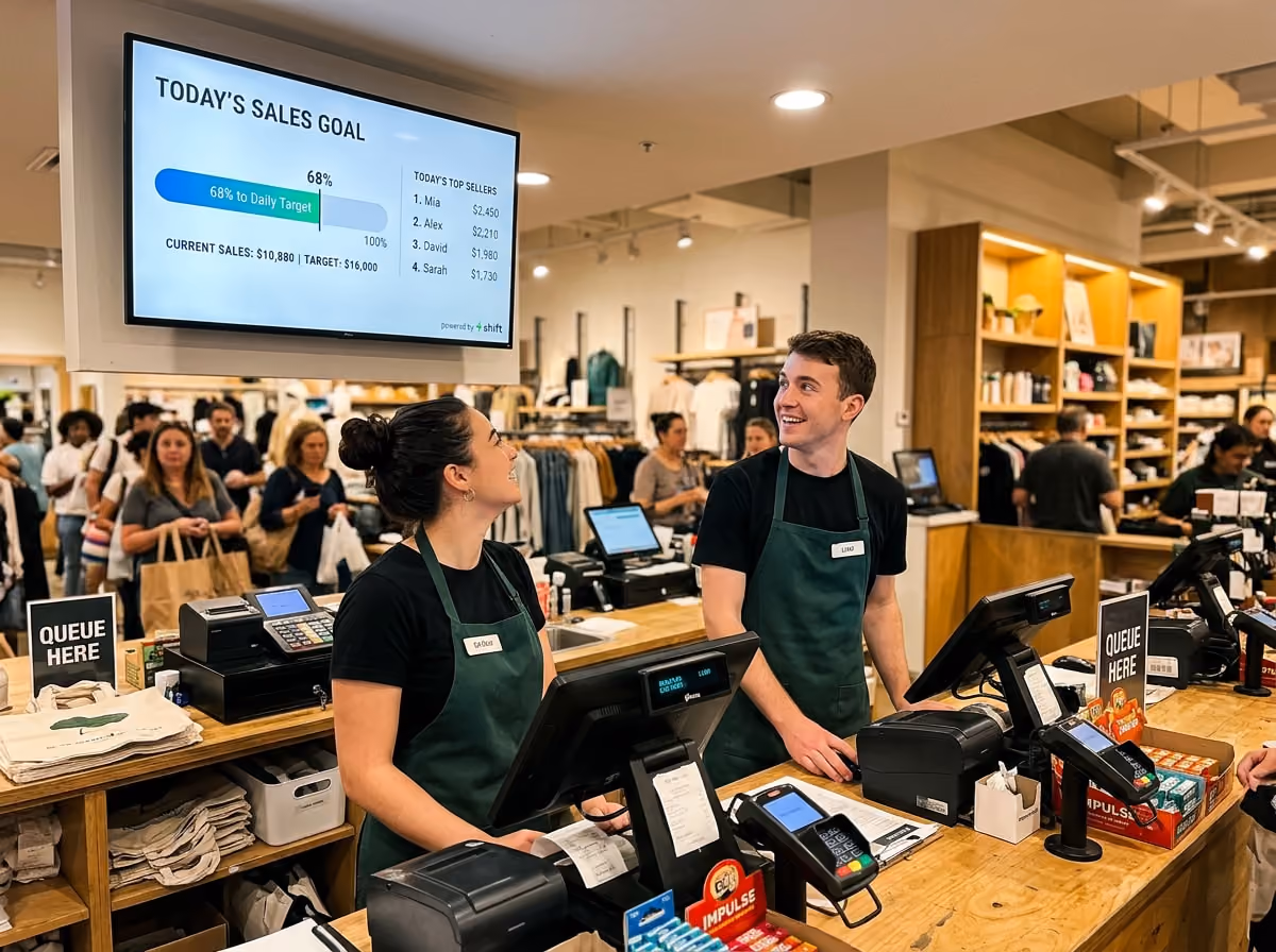 Store clerks in green aprons smile at a sales goal screen. Customers queue at checkout, surrounded by retail displays.
