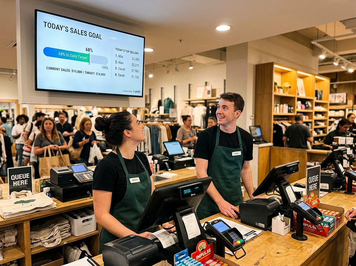 Store clerks in green aprons smile at a sales goal screen. Customers queue at checkout, surrounded by retail displays.
