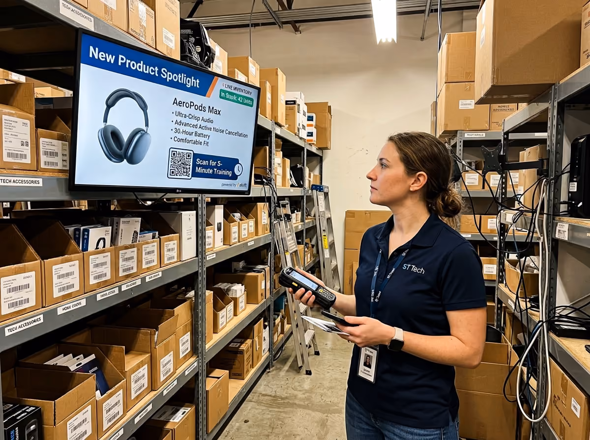 A woman in a warehouse scans a product display for AeroPods Max headphones, highlighting features and a QR code for training.