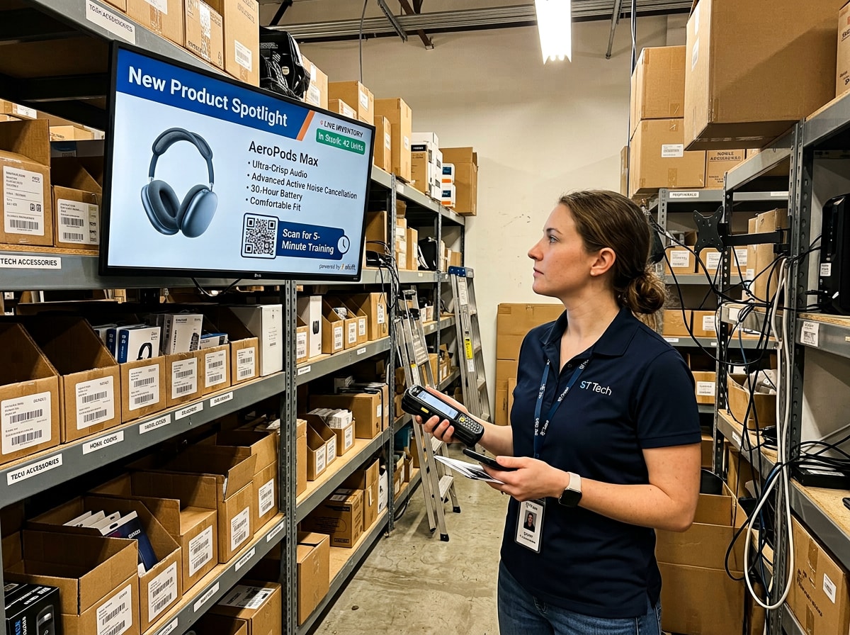 A woman in a warehouse scans a product display for AeroPods Max headphones, highlighting features and a QR code for training.