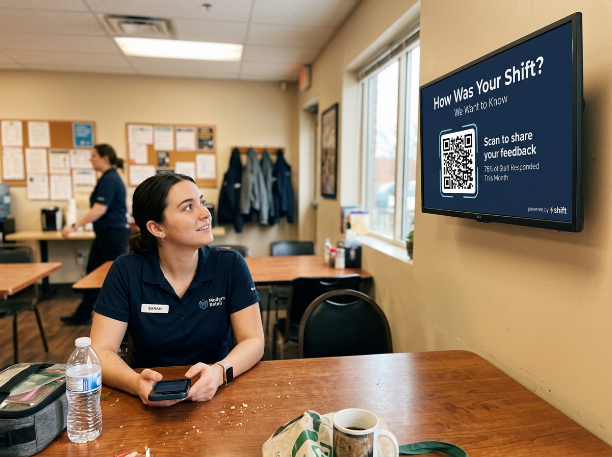 Employee in break room looks at feedback screen with QR code, phone in hand.
