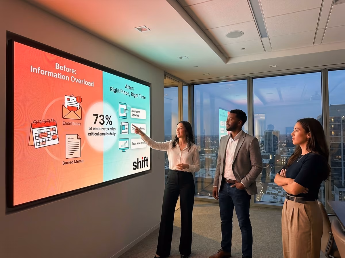 Three people discuss a presentation on email overload and solutions, highlighting 73% of employees miss critical emails daily.