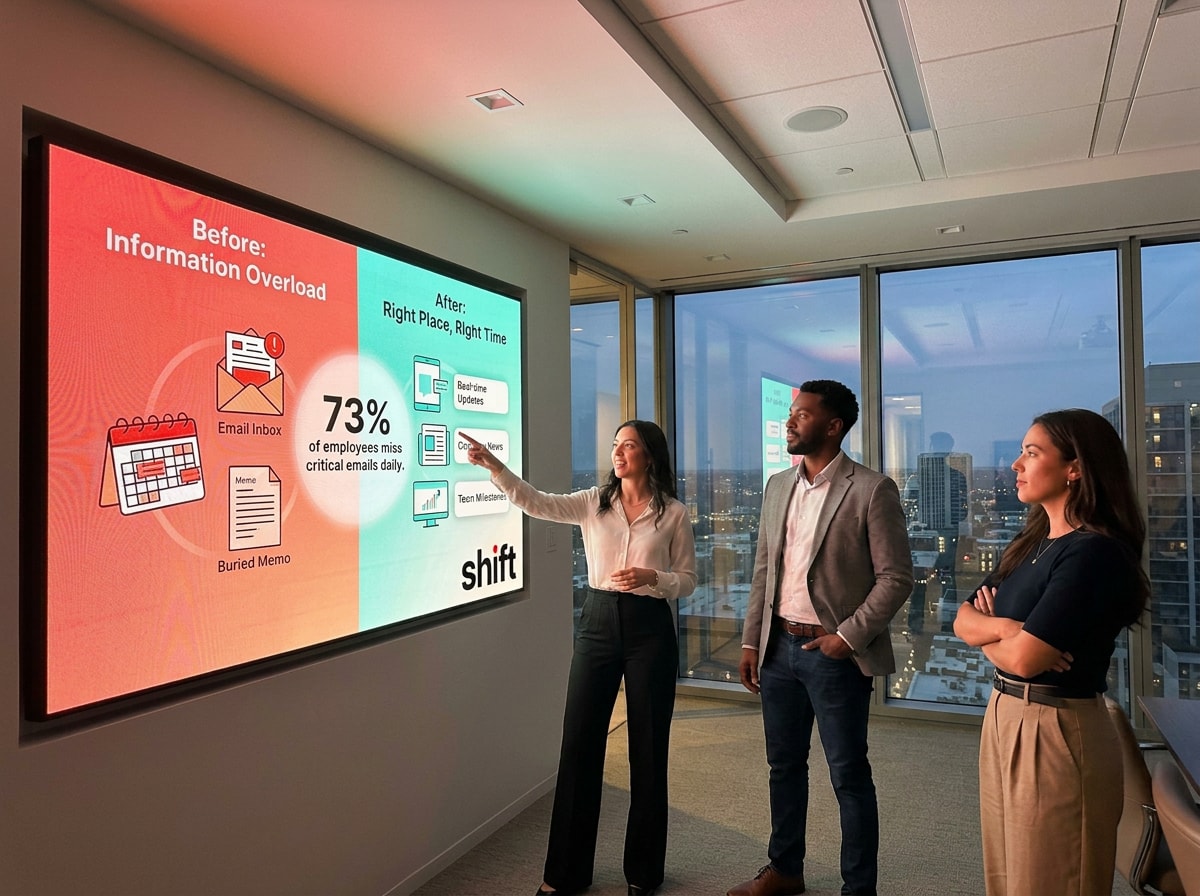 Three people discuss a presentation on email overload and solutions, highlighting 73% of employees miss critical emails daily.