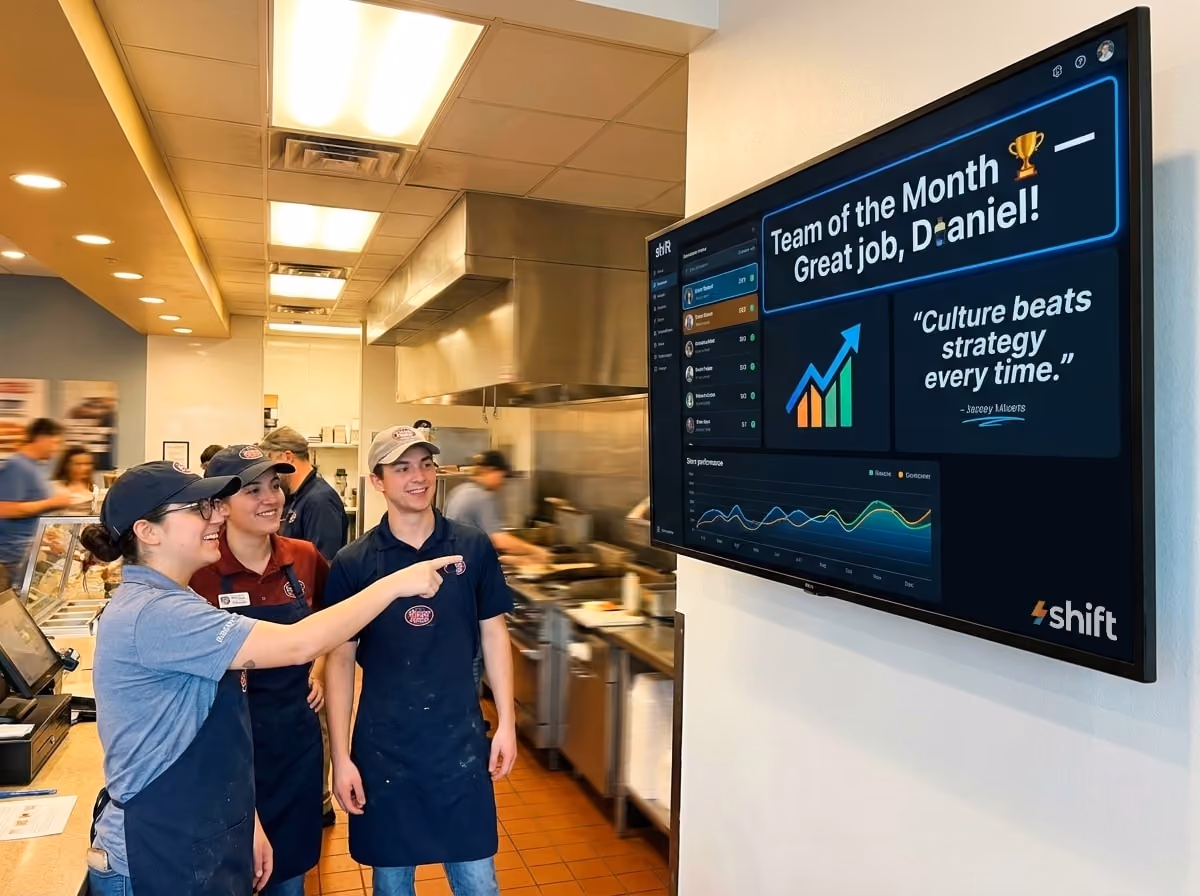 Store employees celebrate "Team of the Month" on a screen, pointing and smiling behind the sandwich counter.
