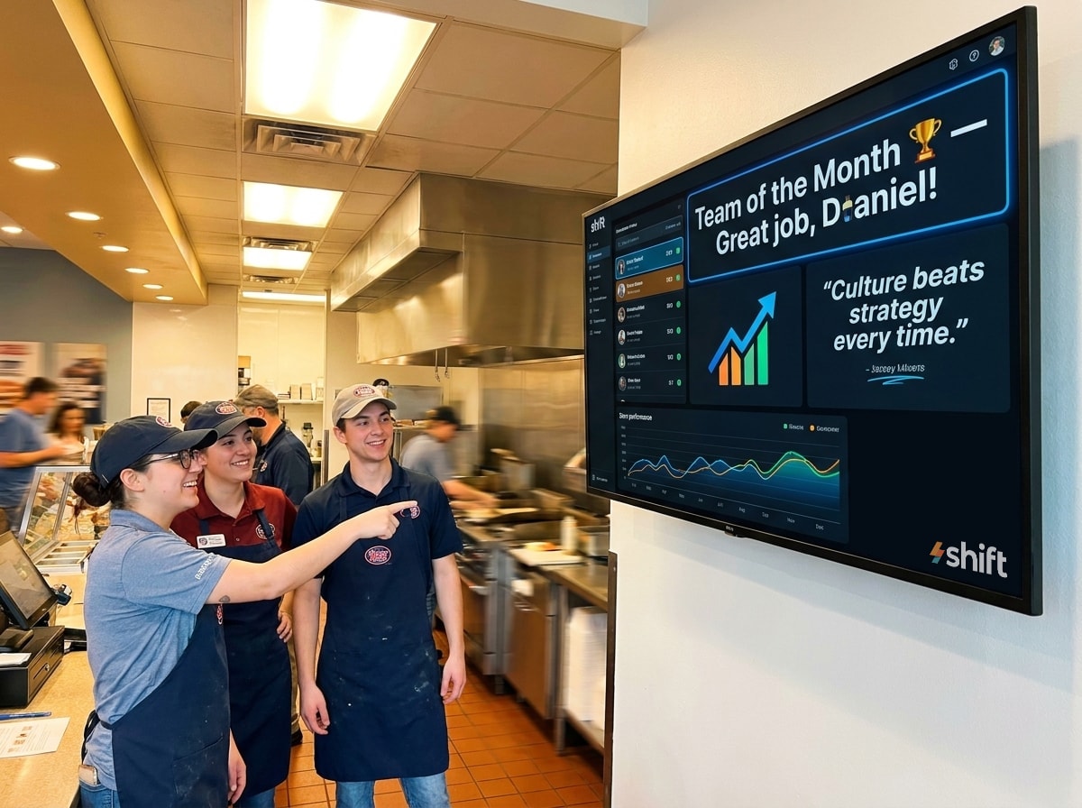 Store employees celebrate "Team of the Month" on a screen, pointing and smiling behind the sandwich counter.