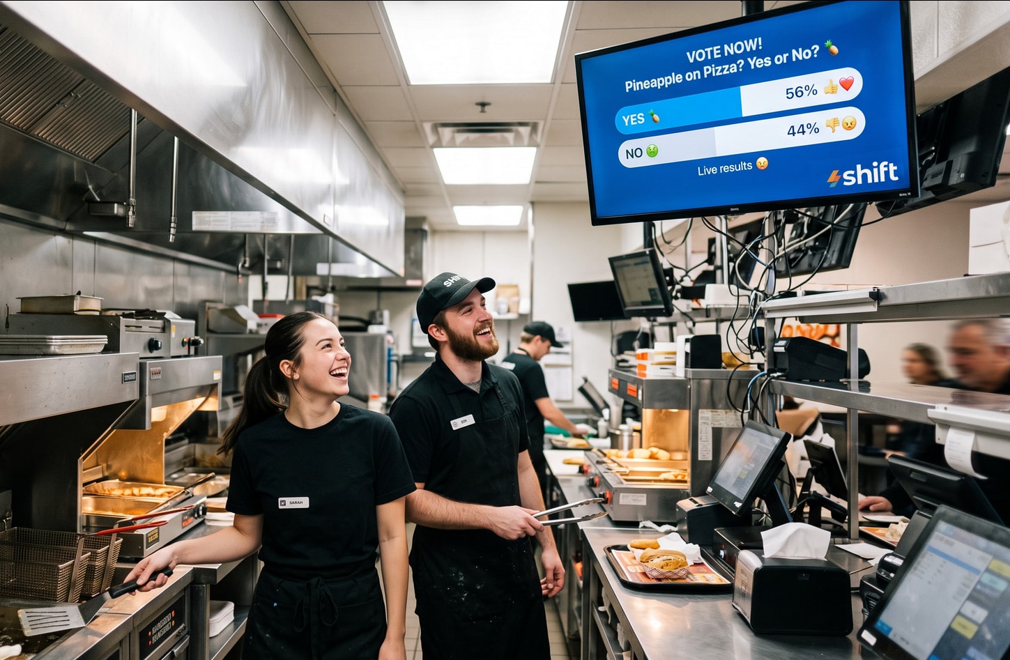 Two individuals stand in a kitchen, facing a large screen displaying cooking instructions or a recipe.