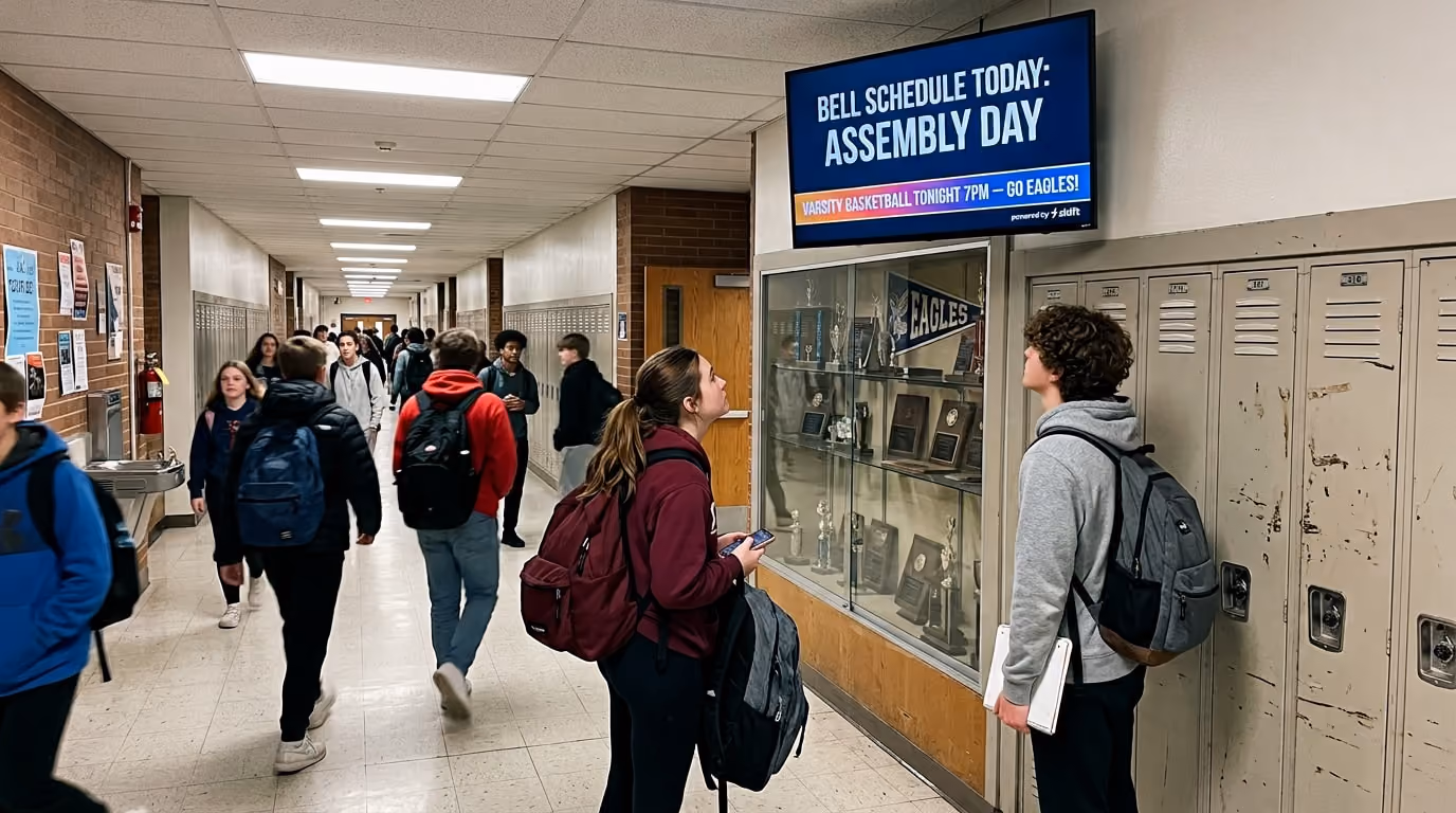 Students walking through school hallways, engaged in conversation and carrying backpacks.