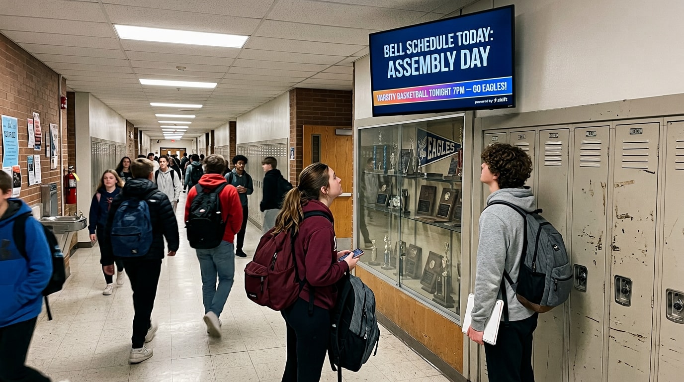 Students walking through school hallways, engaged in conversation and carrying backpacks.