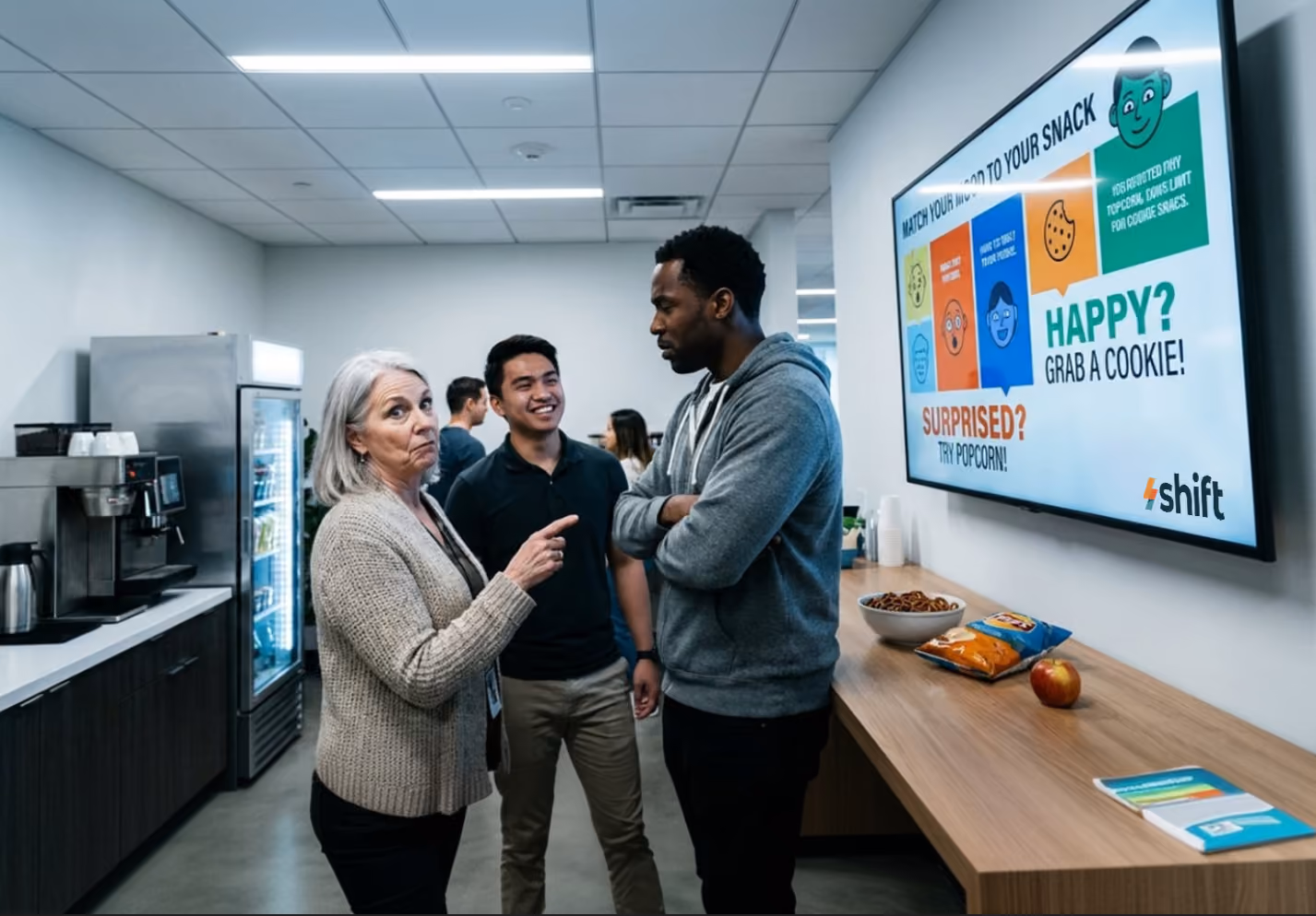 Three colleagues engaged in discussion in an office with a large TV displaying a presentation in the background.