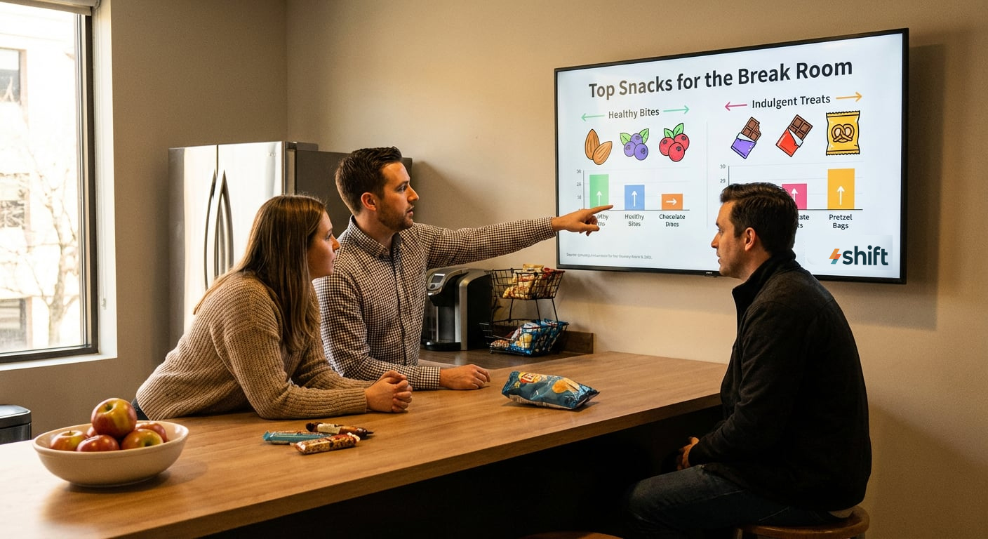 Three people seated at a table, watching a television screen in a casual setting.