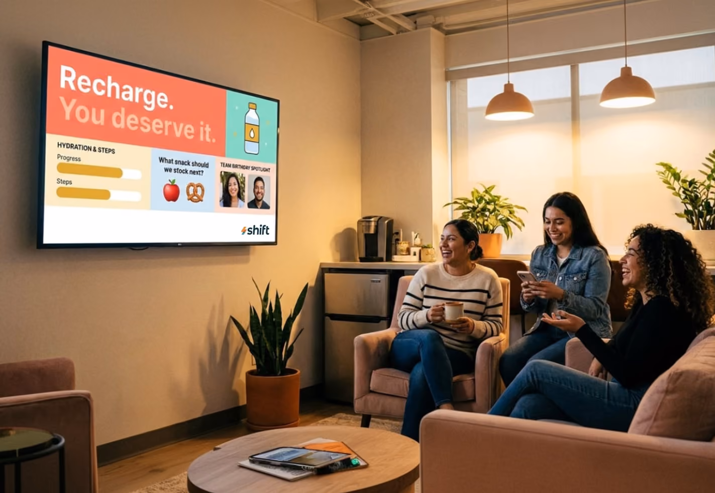 A diverse group of individuals sitting together at a table, sharing ideas in a comfortable meeting space.