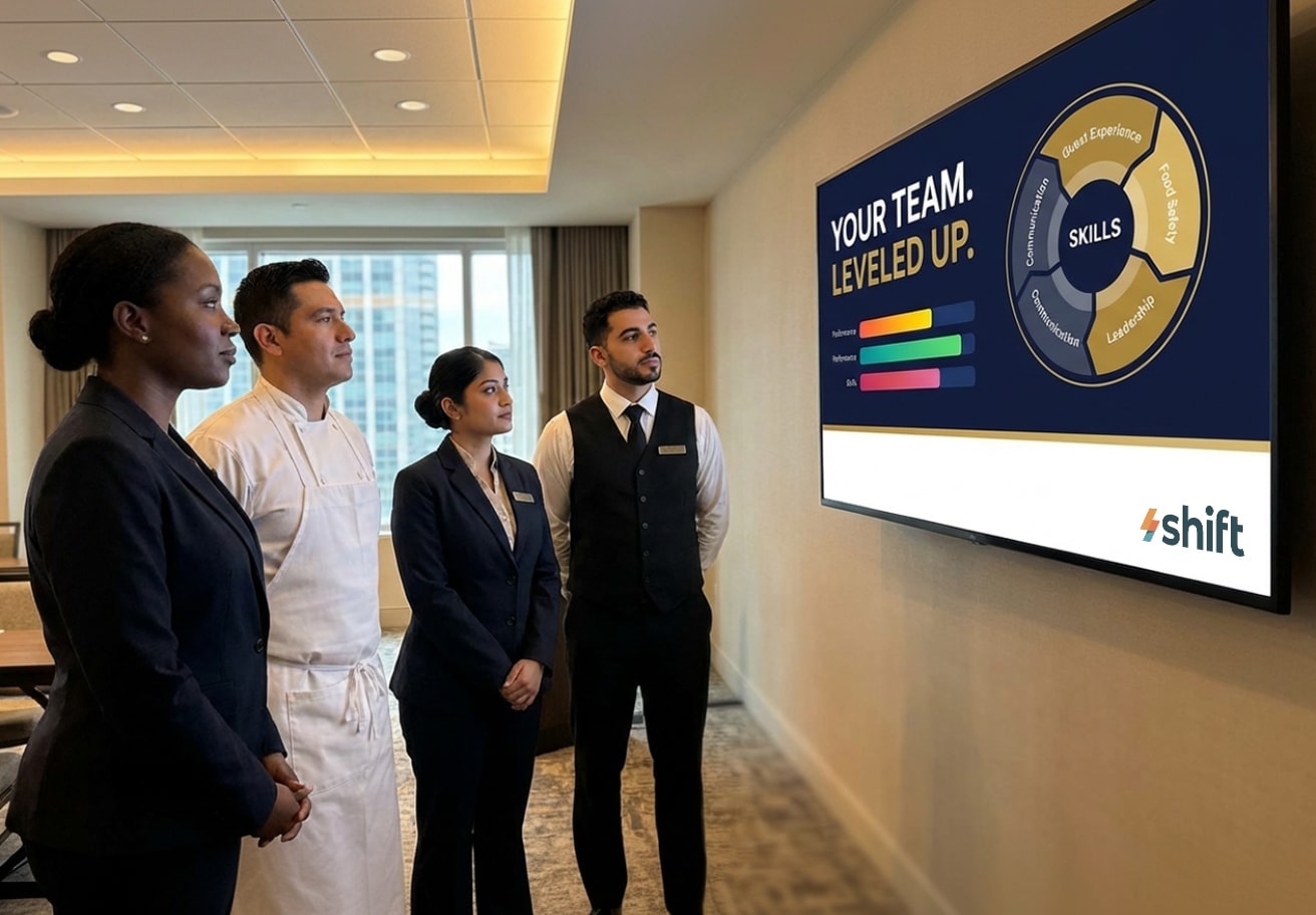 A diverse group of people stands together in front of a large screen displaying information or visuals.