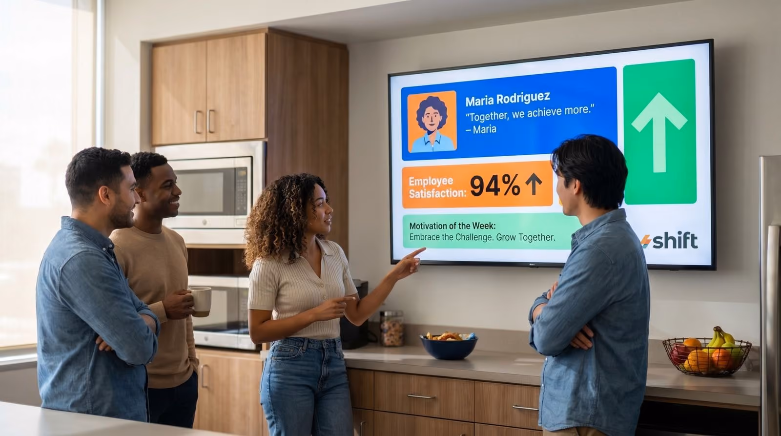 A group of people stands together, facing a large TV screen displaying content. 