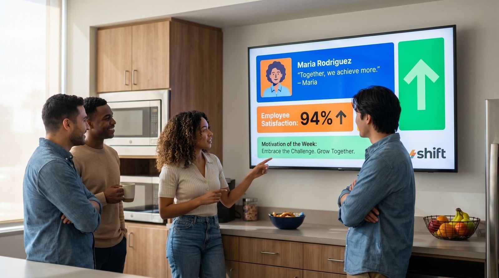 A group of people stands together, facing a large TV screen displaying content.