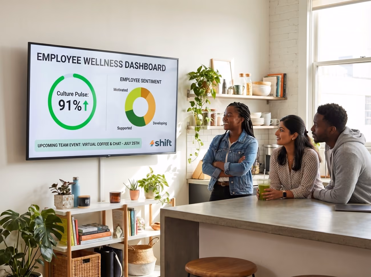 Three individuals stand before a large screen displaying a colorful bar graph, engaged in discussion.