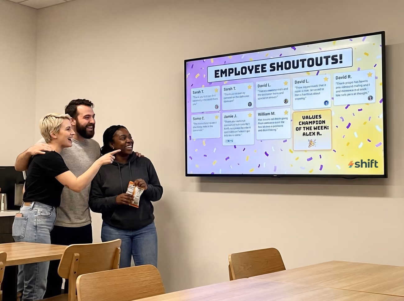 A group of three stands in front of a large screen, which showcases a bar graph, indicating a collaborative analysis session.