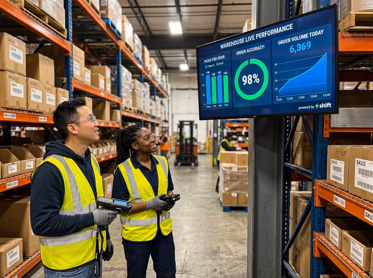 Two warehouse workers in vests view a performance screen showing 98% order accuracy and 6,369 orders today.