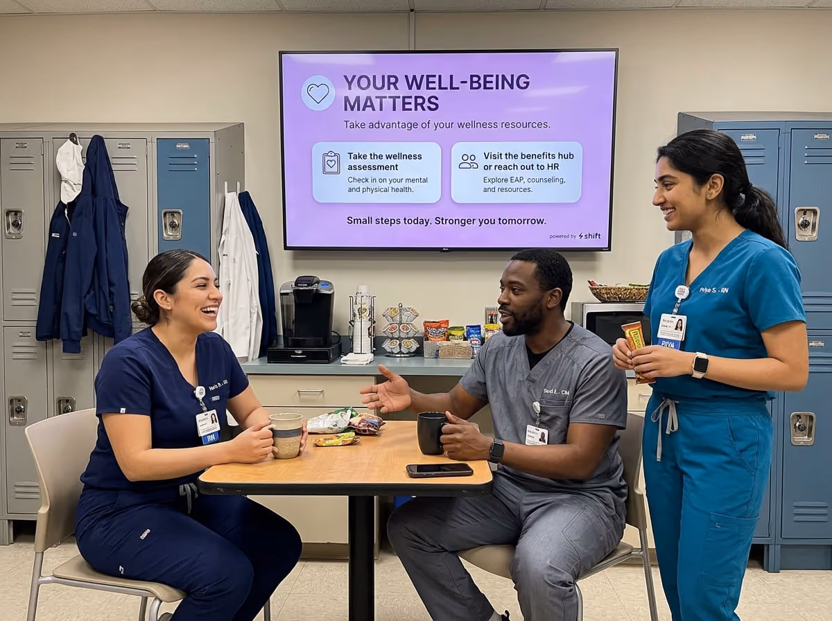 Three healthcare workers in scrubs chat in a break room, with a wellness poster on the wall promoting well-being resources.