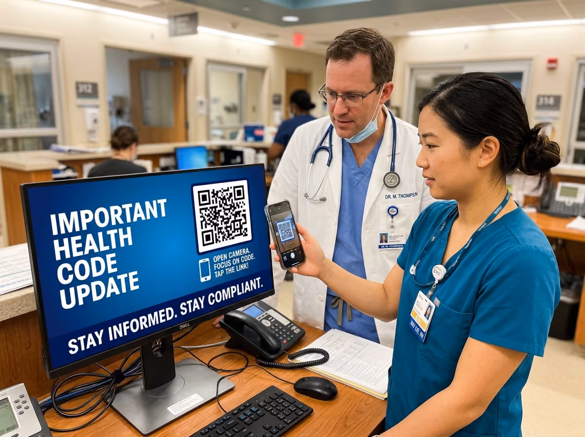 Doctor and nurse scan QR code on screen for important health code update in hospital, ensuring compliance and information.
