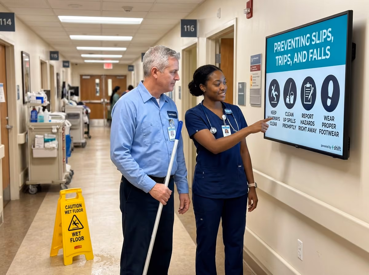 Hospital staff discuss safety tips on a screen about preventing slips, trips, and falls in a hallway with a wet floor sign