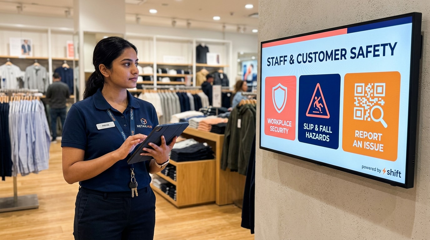 Retail worker with a tablet observes a safety sign highlighting workplace security, slip hazards, and issue reporting in a store.