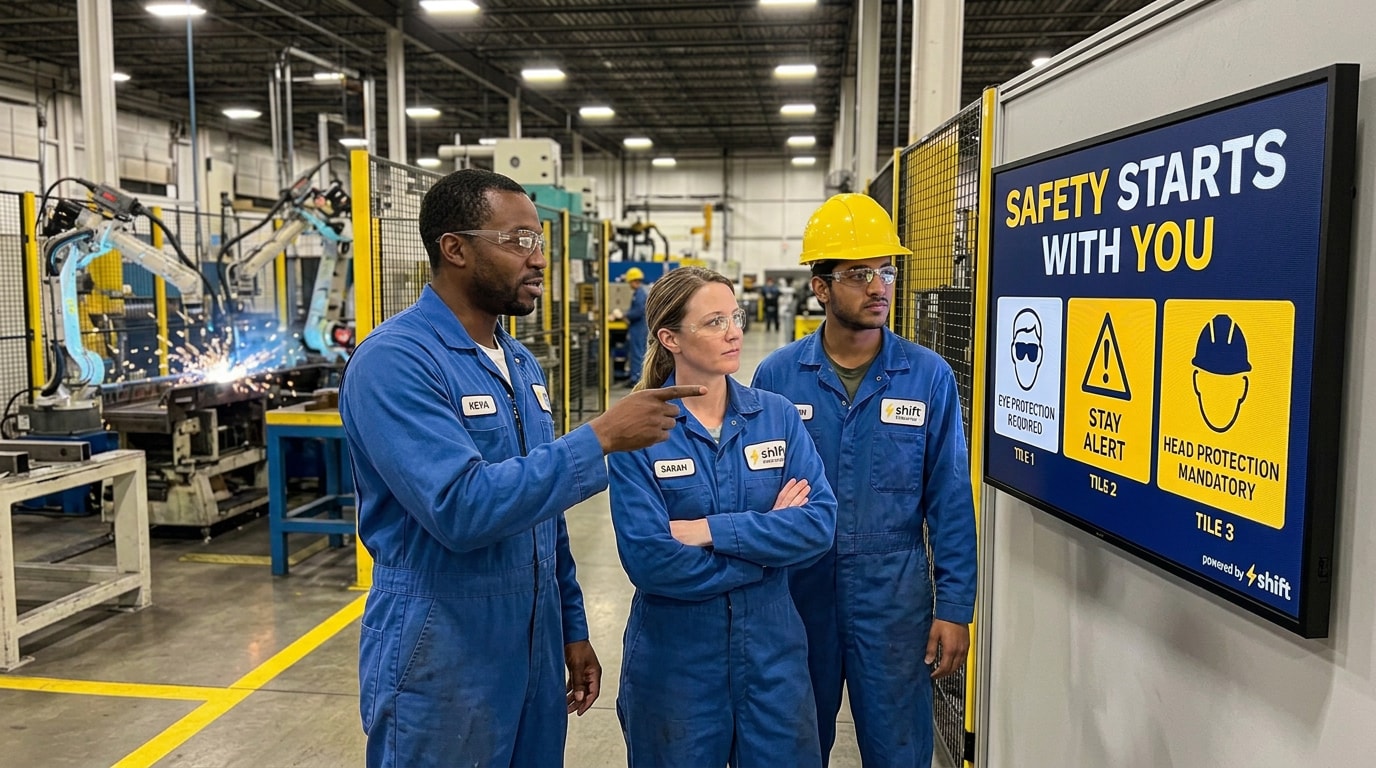 Warehouse workers in yellow vests observe a performance screen highlighting shift efficiency and employee of the month.