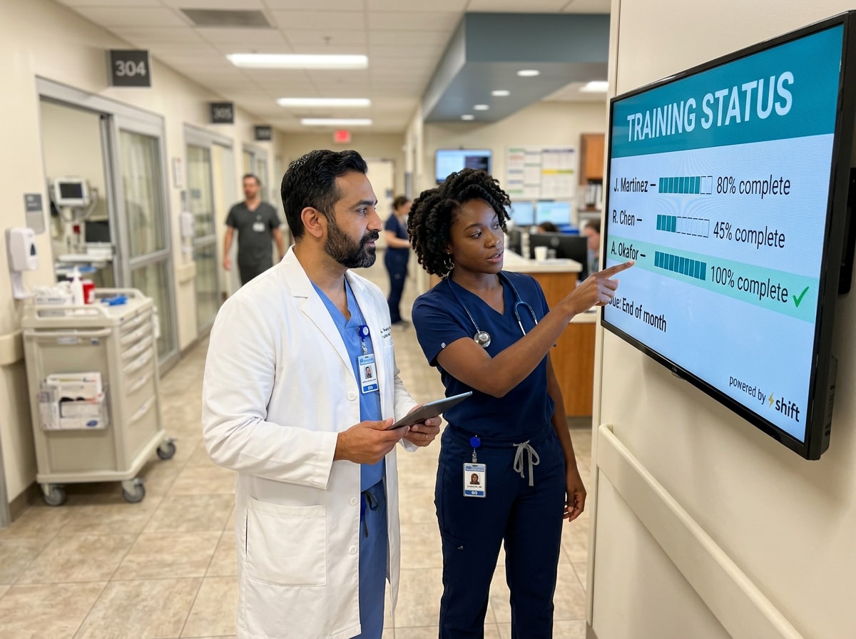 Two healthcare professionals in scrubs examining a large screen displaying medical data or images.