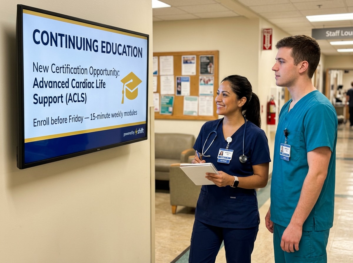 Two nurses stand together in front of a large screen displaying medical information.