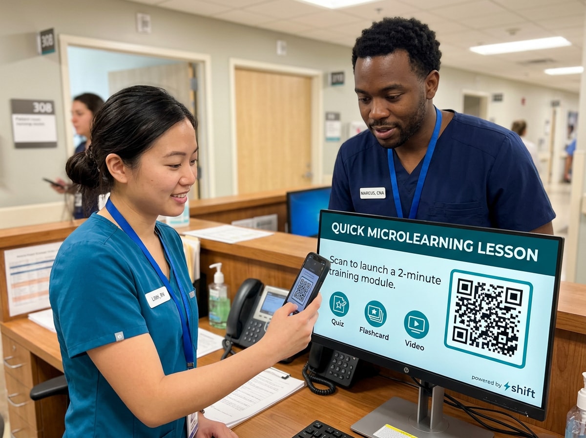 Two healthcare workers at a nurse station use a phone to scan a QR code on a computer screen displaying a microlearning lesson.