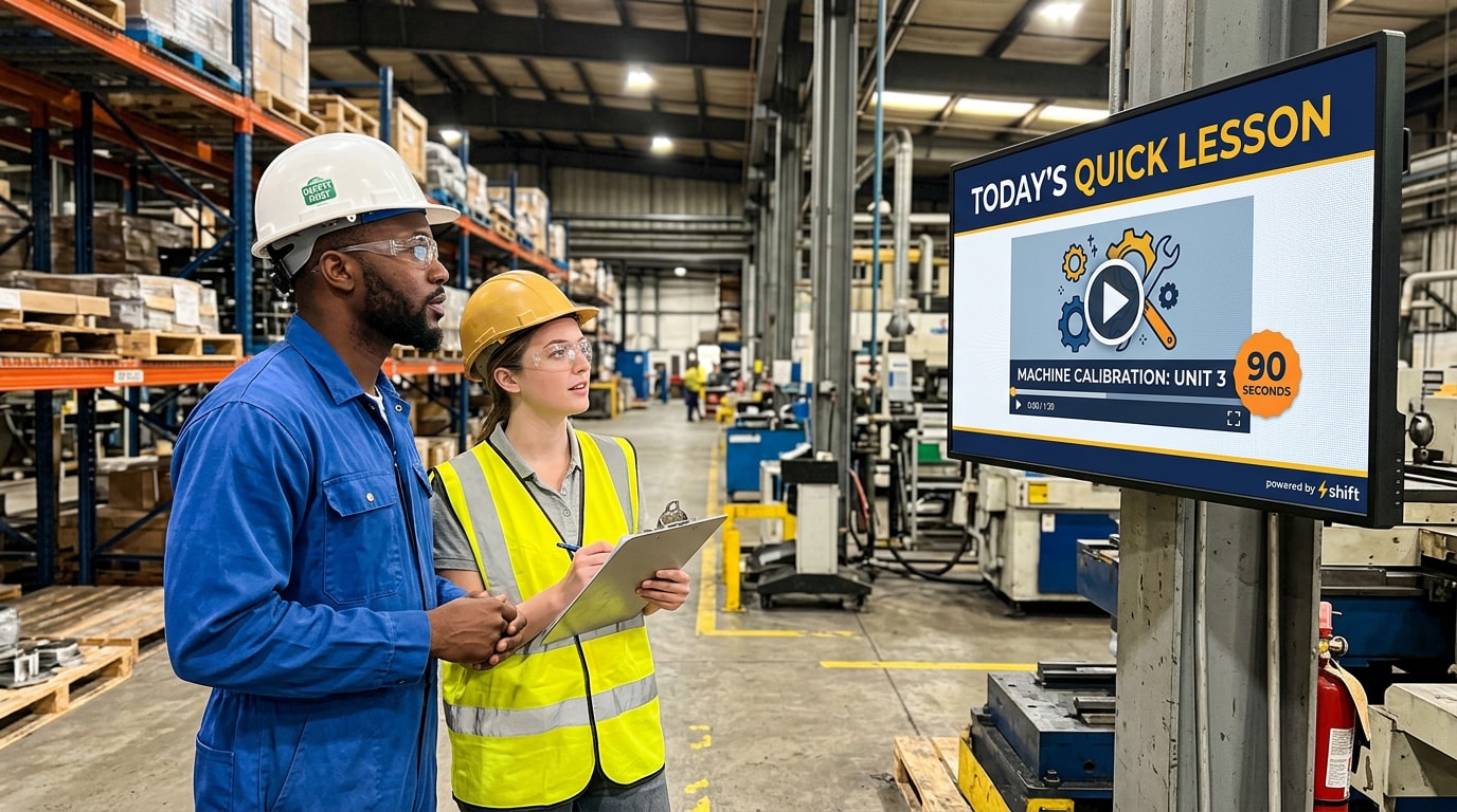 Warehouse workers in yellow vests observe a performance screen highlighting shift efficiency and employee of the month.