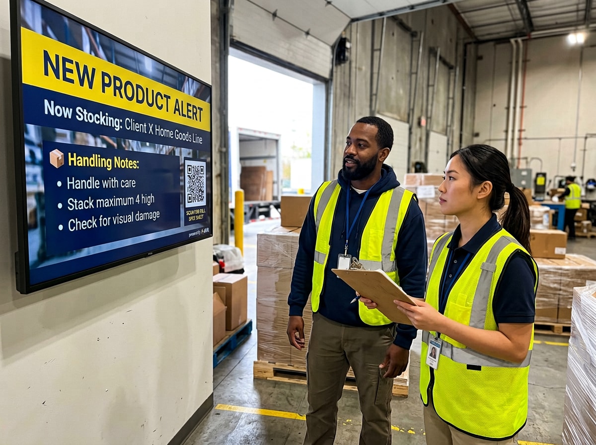 A pair of people are positioned before a safety system, engaged in conversation about its operation.