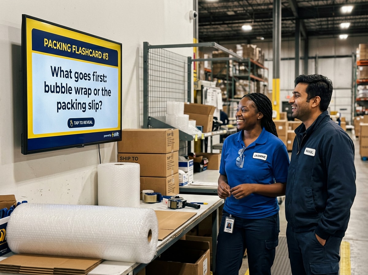 A pair of people are positioned before a safety system, engaged in conversation about its operation.
