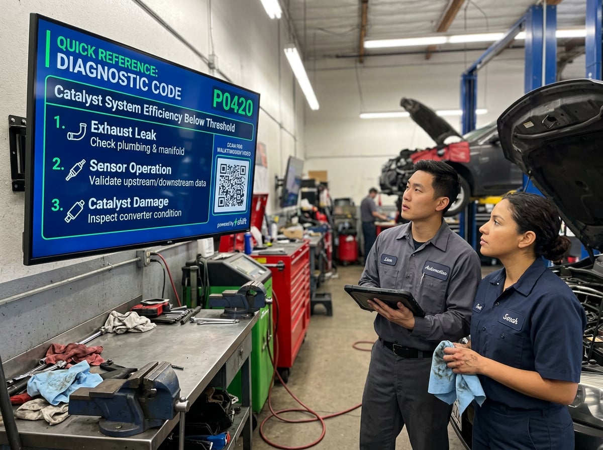 Two mechanics review a diagnostic code on a screen in a garage, focusing on exhaust leak, sensor operation, and catalyst damage.