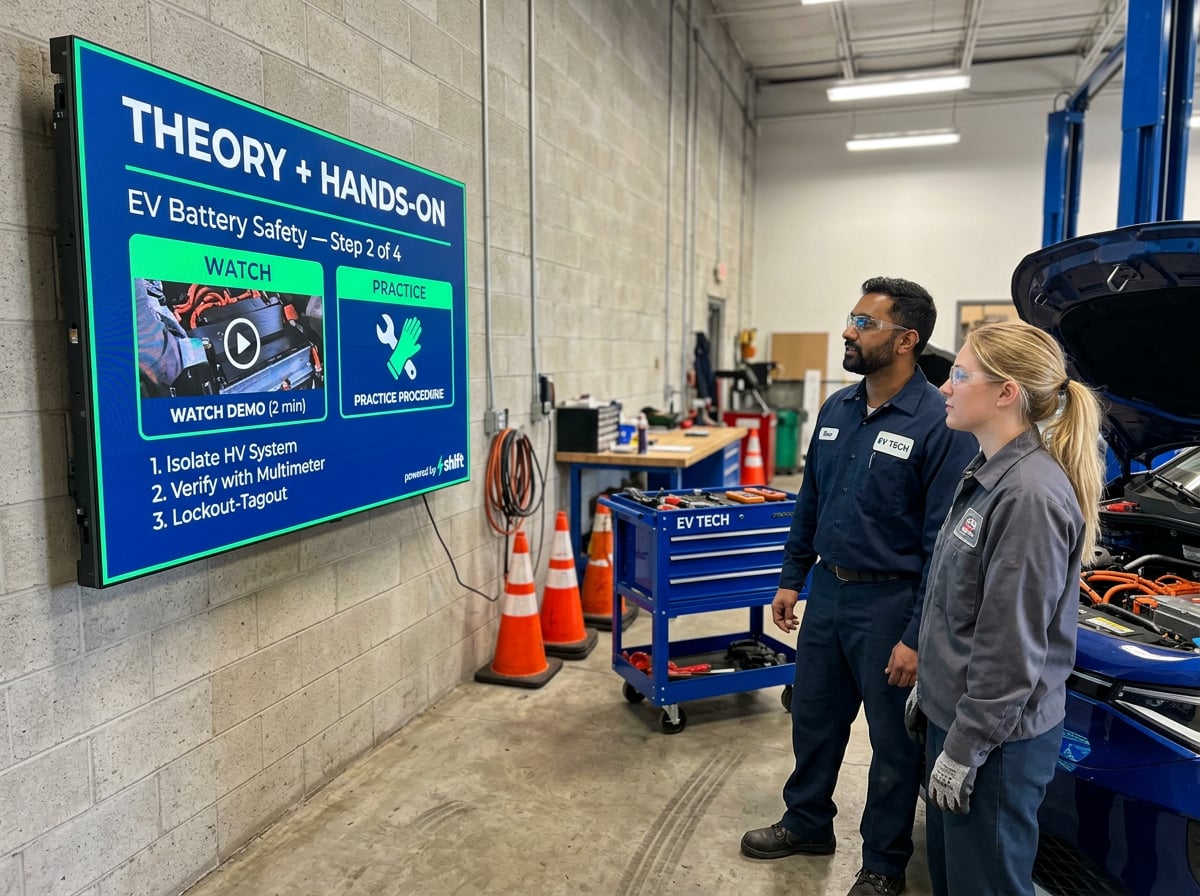 Two technicians in a workshop watch a screen displaying "EV Battery Safety" instructions, with tools and cones nearby.