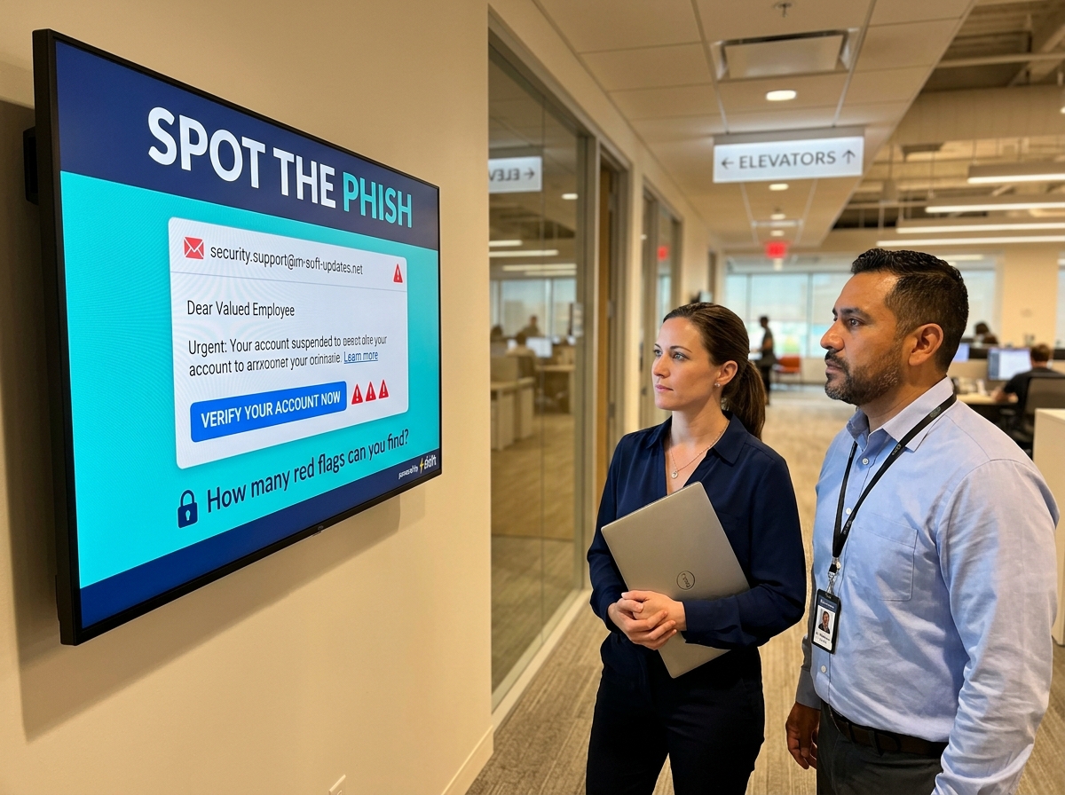 Display showcasing the employee of the month with a photo and name prominently featured in an office setting